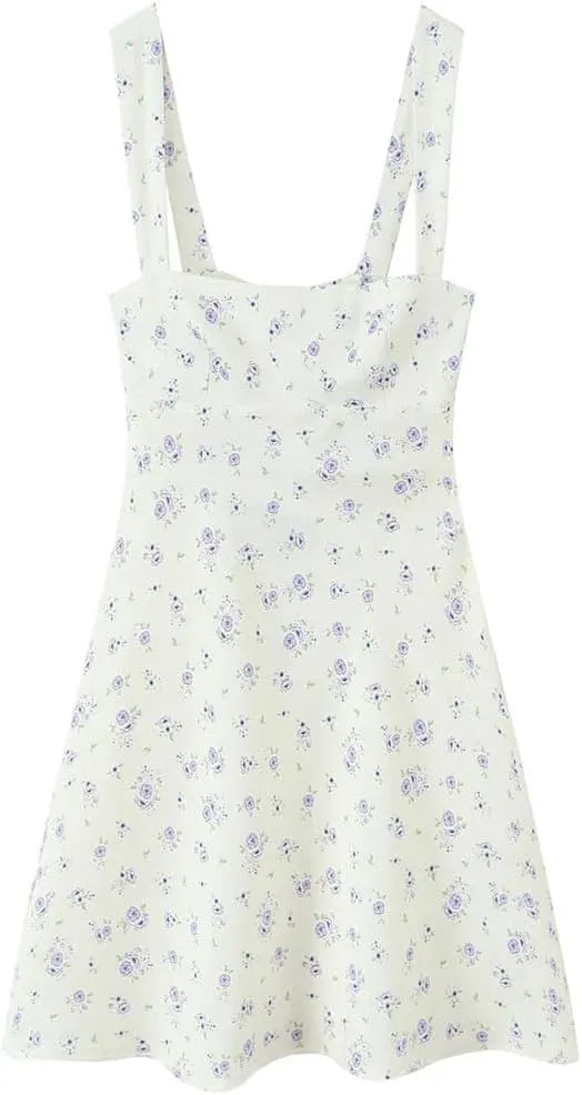 Women Floral Print Suspender Mini Dress French Sweet Sleeveless Backless Tie Waisted A-Line Dresses