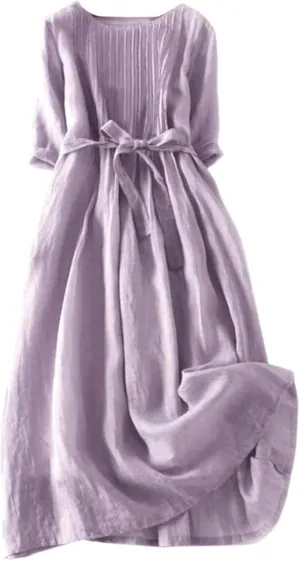 Women Korean Style Dresses Lace-Up Waist-Defined Henley Shirt Midi Dress Summer Half Sleeve Trendy A-Line Dress