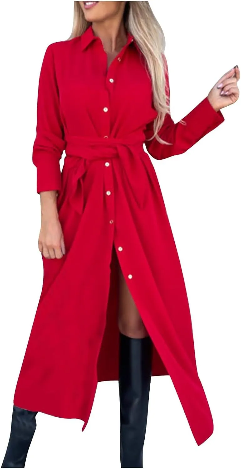 Women Long Sleeve Midi Shirt Dress Casual Loose Tie Waist Button Down Dress Fall Winter Dresses 2024 Trendy Clothes