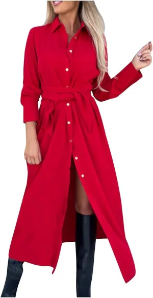 Women Long Sleeve Midi Shirt Dress Casual Loose Tie Waist Button Down Dress Fall Winter Dresses 2024 Trendy Clothes