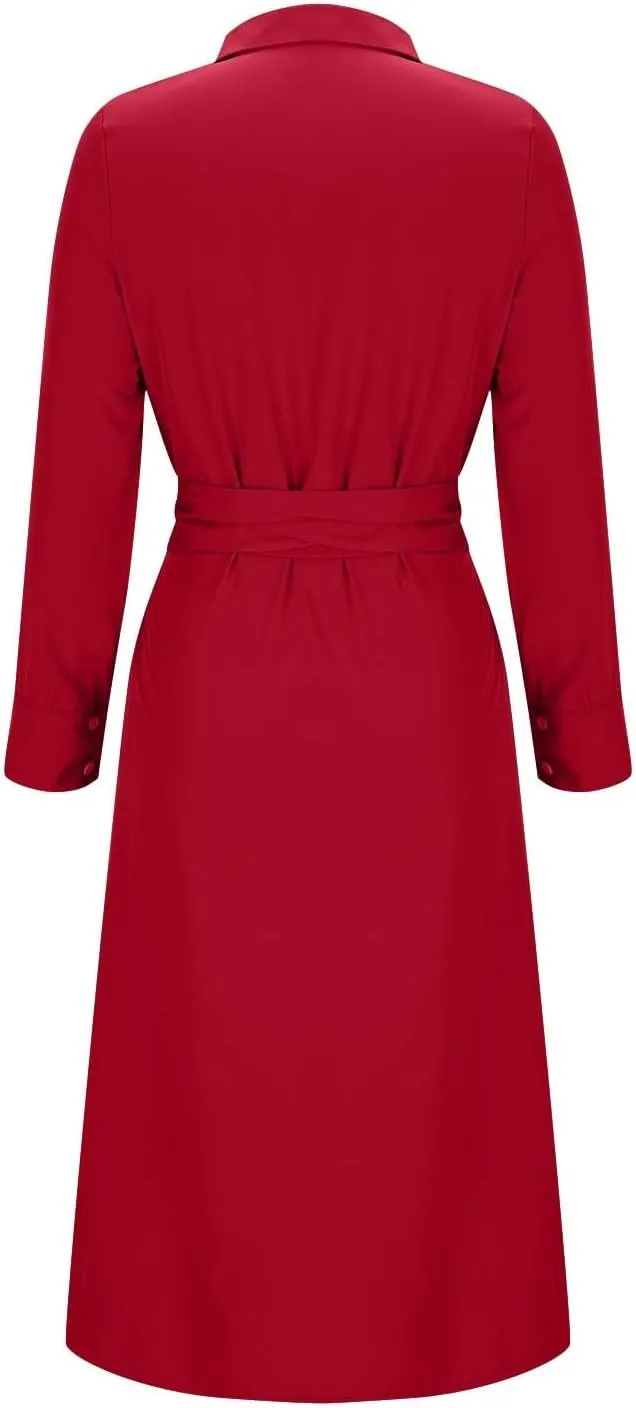 Women Long Sleeve Midi Shirt Dress Casual Loose Tie Waist Button Down Dress Fall Winter Dresses 2024 Trendy Clothes