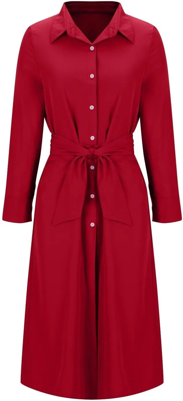 Women Long Sleeve Midi Shirt Dress Casual Loose Tie Waist Button Down Dress Fall Winter Dresses 2024 Trendy Clothes