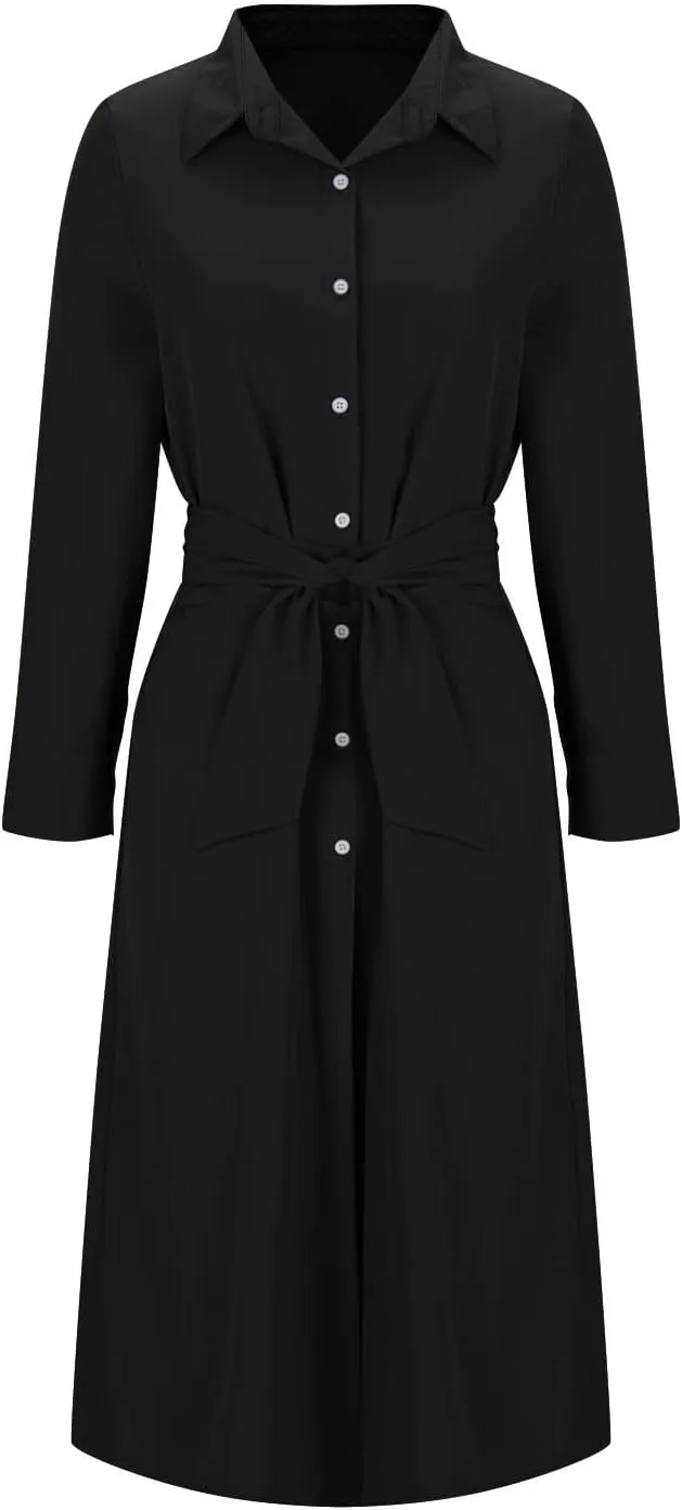 Women Long Sleeve Midi Shirt Dress Casual Loose Tie Waist Button Down Dress Fall Winter Dresses 2024 Trendy Clothes