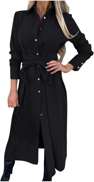 Women Long Sleeve Midi Shirt Dress Casual Loose Tie Waist Button Down Dress Fall Winter Dresses 2024 Trendy Clothes