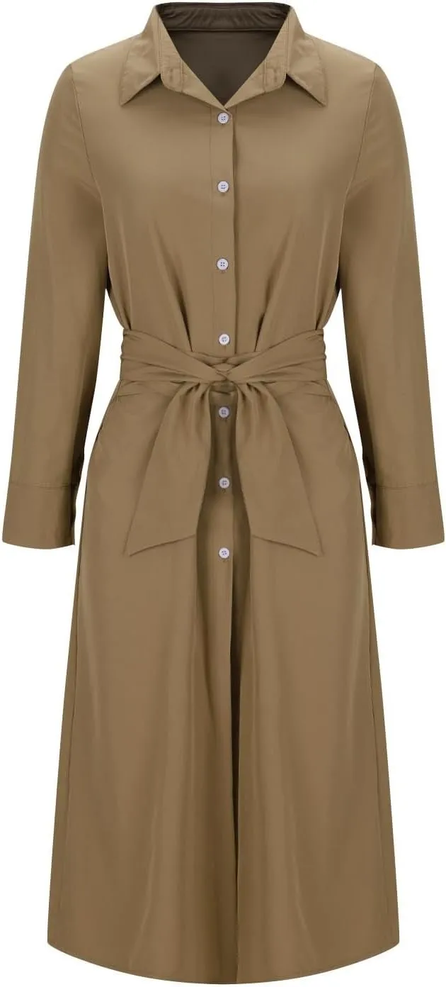 Women Long Sleeve Midi Shirt Dress Casual Loose Tie Waist Button Down Dress Fall Winter Dresses 2024 Trendy Clothes