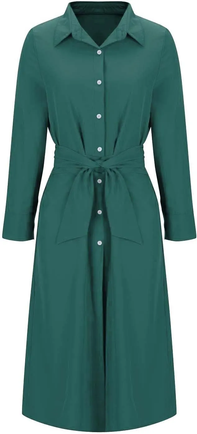 Women Long Sleeve Midi Shirt Dress Casual Loose Tie Waist Button Down Dress Fall Winter Dresses 2024 Trendy Clothes