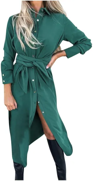 Women Long Sleeve Midi Shirt Dress Casual Loose Tie Waist Button Down Dress Fall Winter Dresses 2024 Trendy Clothes