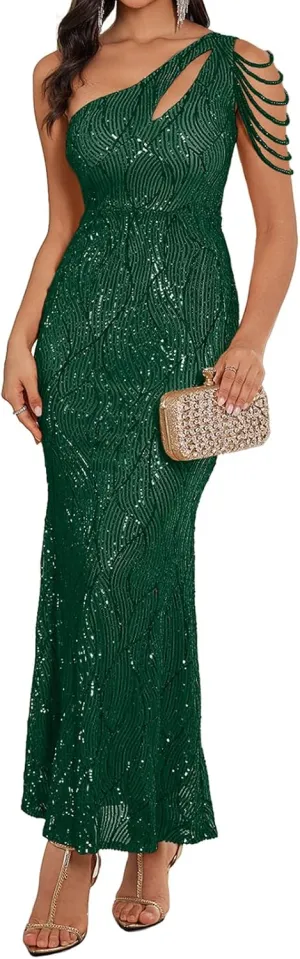 Women One Shoulder 1920s Plus Size Formal Dress Tassels Sleeve Sequins Gatsby Maxi Evening Gown