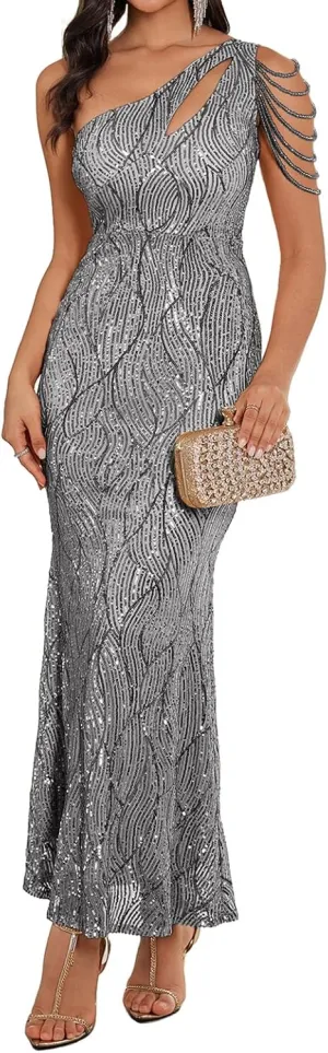 Women One Shoulder 1920s Plus Size Formal Dress Tassels Sleeve Sequins Gatsby Maxi Evening Gown