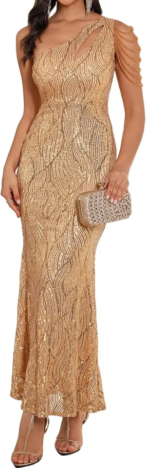 Women One Shoulder 1920s Plus Size Formal Dress Tassels Sleeve Sequins Gatsby Maxi Evening Gown
