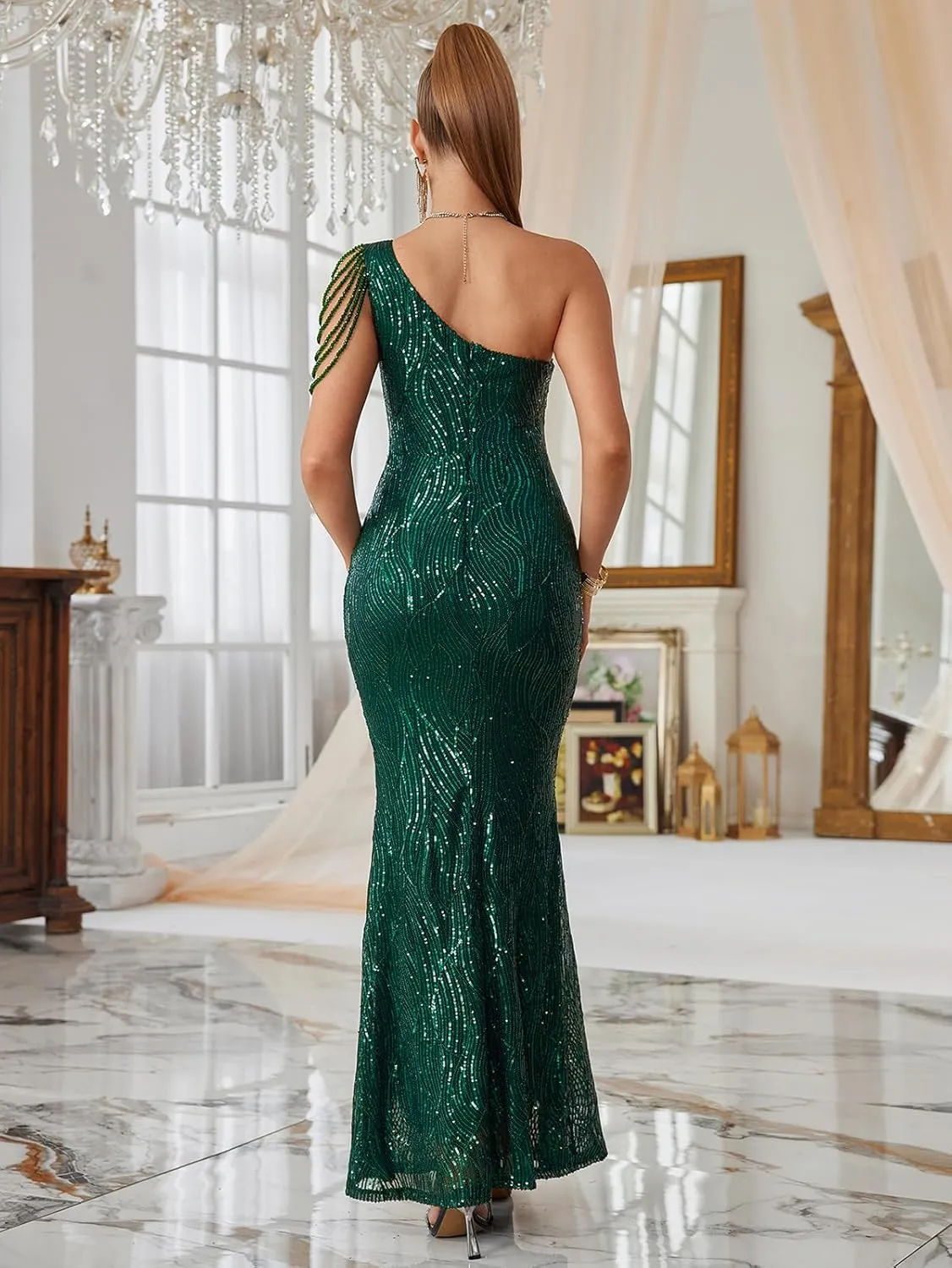 Women One Shoulder 1920s Plus Size Formal Dress Tassels Sleeve Sequins Gatsby Maxi Evening Gown