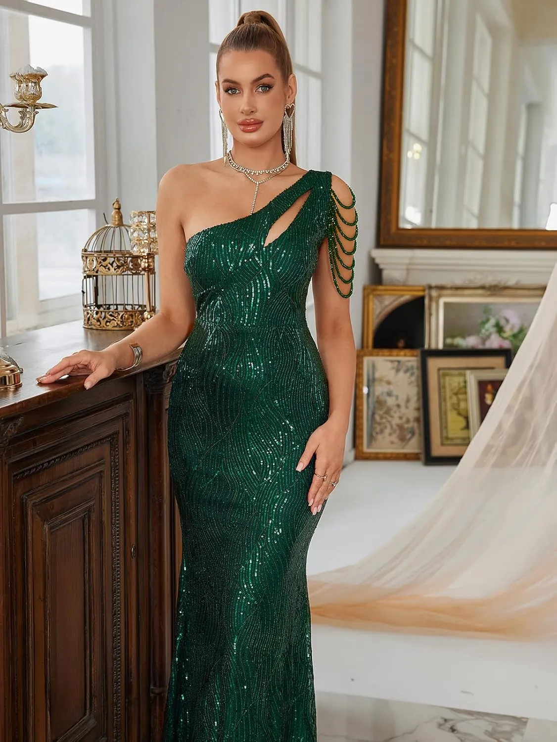 Women One Shoulder 1920s Plus Size Formal Dress Tassels Sleeve Sequins Gatsby Maxi Evening Gown