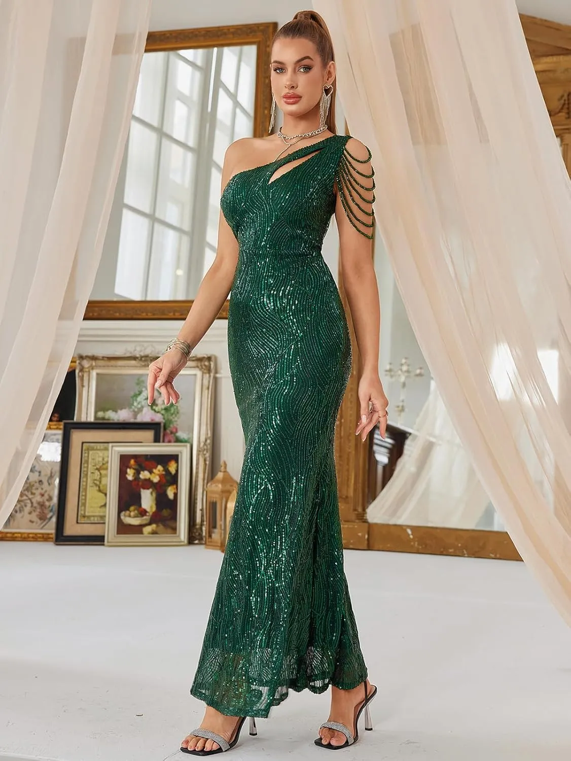 Women One Shoulder 1920s Plus Size Formal Dress Tassels Sleeve Sequins Gatsby Maxi Evening Gown