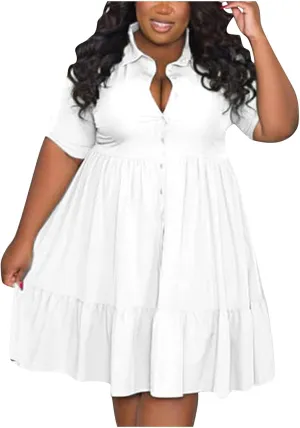 Women Plus Size Summer Dresses Fashion Single Breasted Lapels Short Sleeve Sundress Casual A Line Dresses