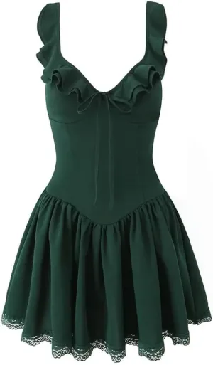 Women Ruffle Sexy V Neck Sling Mini Dress Lace Trim Low Waist A-Line Dresses