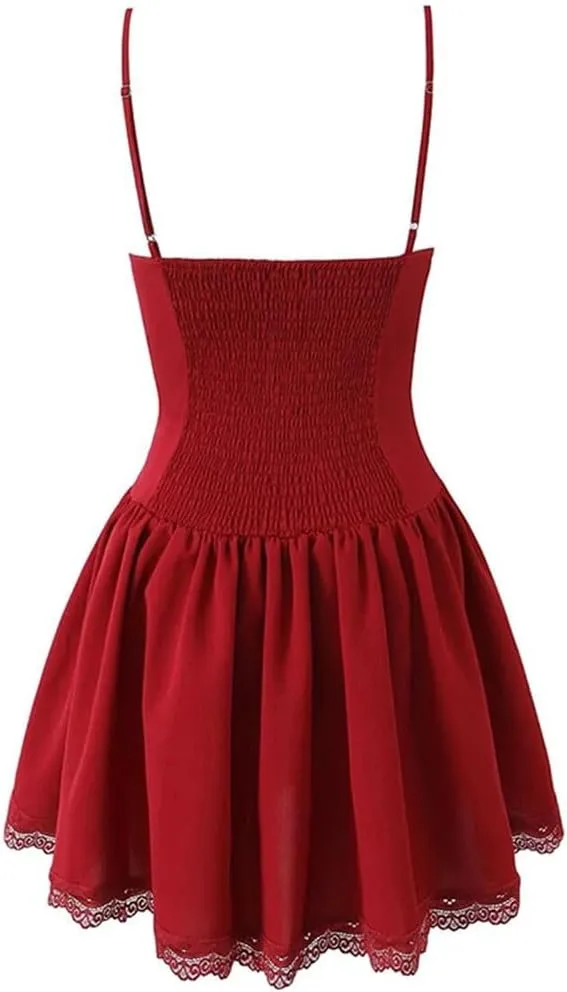 Women Ruffle Sexy V Neck Sling Mini Dress Lace Trim Low Waist A-Line Dresses