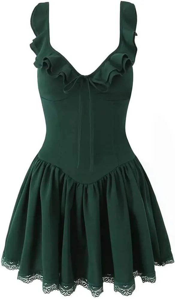 Women Ruffle Sexy V Neck Sling Mini Dress Lace Trim Low Waist A-Line Dresses