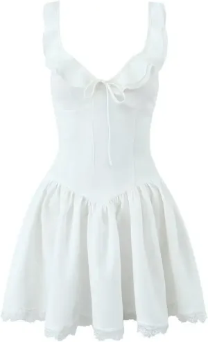 Women Ruffle Sexy V Neck Sling Mini Dress Lace Trim Low Waist A-Line Dresses