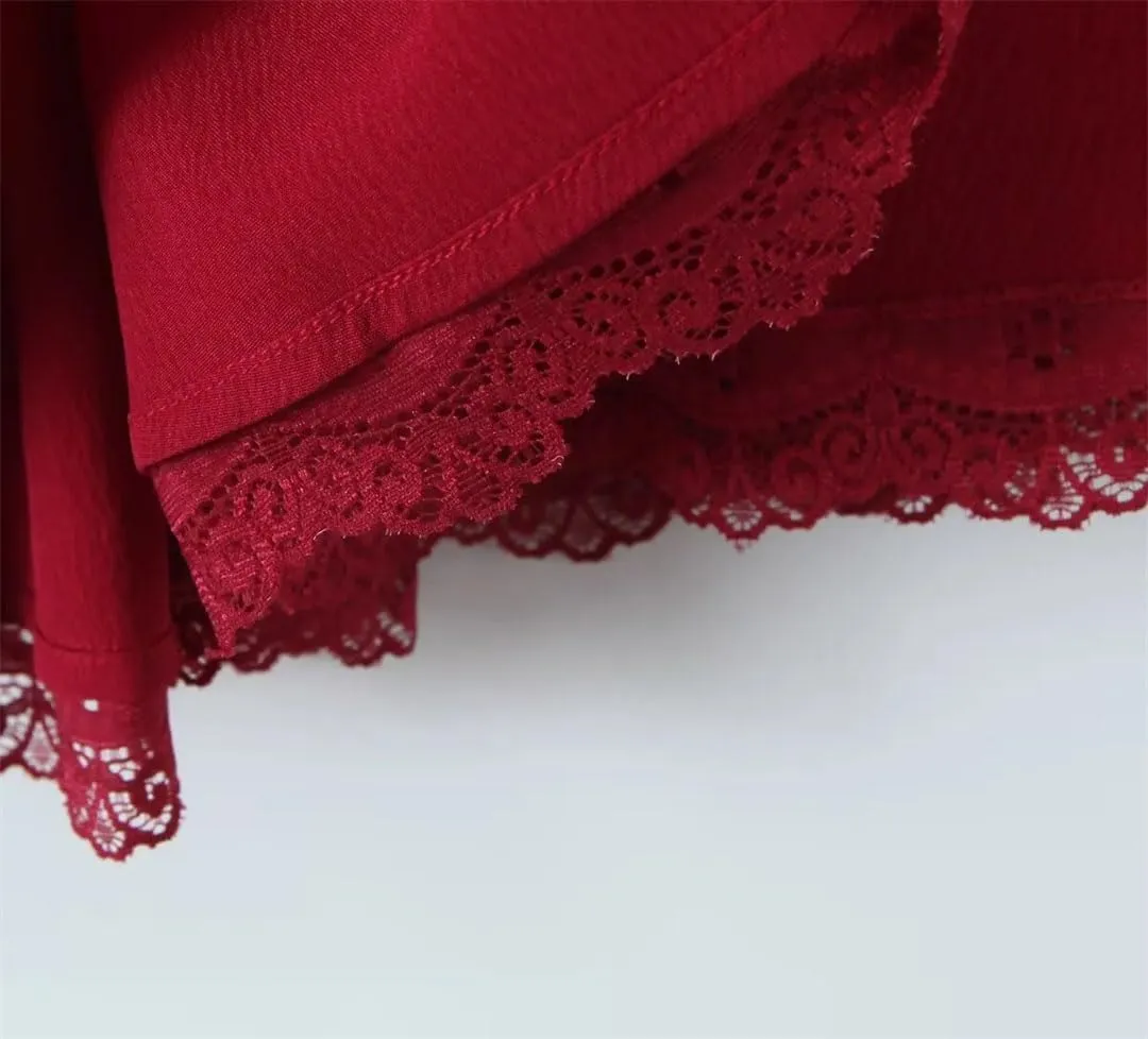 Women Ruffle Sexy V Neck Sling Mini Dress Lace Trim Low Waist A-Line Dresses