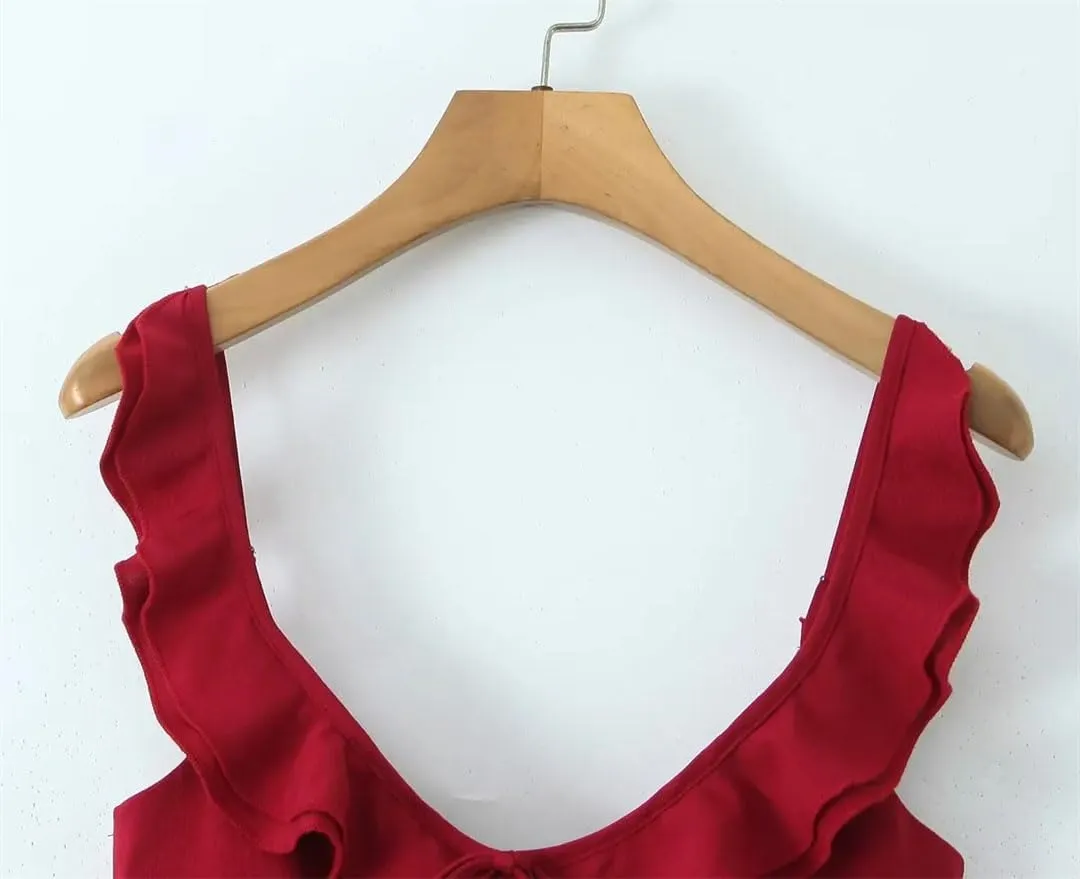 Women Ruffle Sexy V Neck Sling Mini Dress Lace Trim Low Waist A-Line Dresses