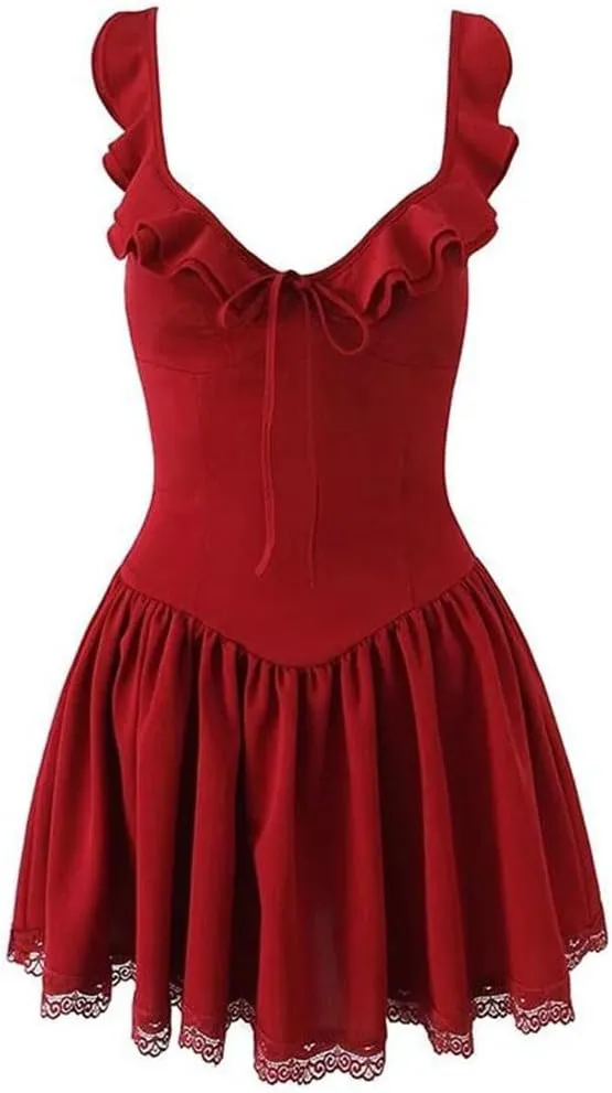 Women Ruffle Sexy V Neck Sling Mini Dress Lace Trim Low Waist A-Line Dresses