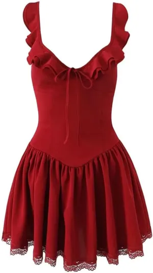 Women Ruffle V Neck Mini Dress Sleeveless Lace Low Waist A-Line Dresses Holiday Robe