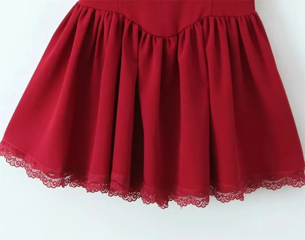 Women Ruffle V Neck Mini Dress Sleeveless Lace Low Waist A-Line Dresses Holiday Robe