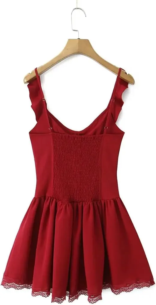 Women Ruffle V Neck Mini Dress Sleeveless Lace Low Waist A-Line Dresses Holiday Robe