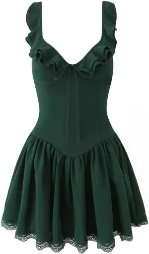 Women Ruffle V Neck Mini Dress Sleeveless Lace Low Waist A-Line Dresses Holiday Robe