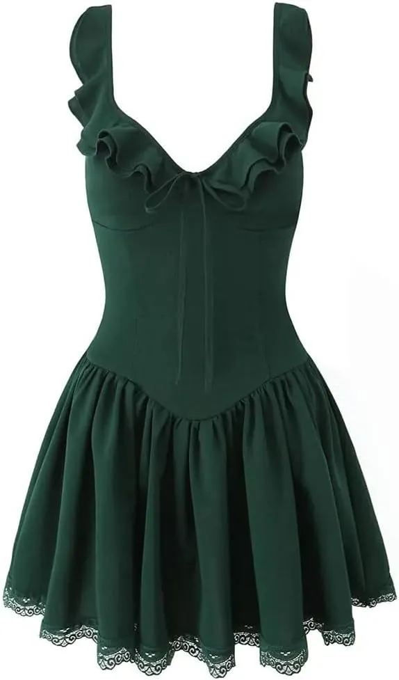 Women Ruffle V Neck Mini Dress Sleeveless Lace Low Waist A-Line Dresses Holiday Robe
