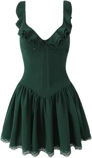 Women Ruffle V Neck Slip Mini Dress Lace Trim Low Waist A-Line Dresses Holiday Robe