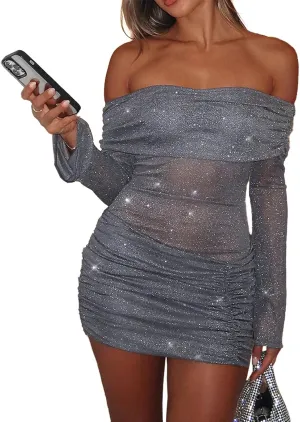 Women Sexy Off Shoulder Bodycon Mini Dress Mesh Sheer Ruched Sparkly Flared Long Sleeve Y2K Dress Club Night Out Dresses