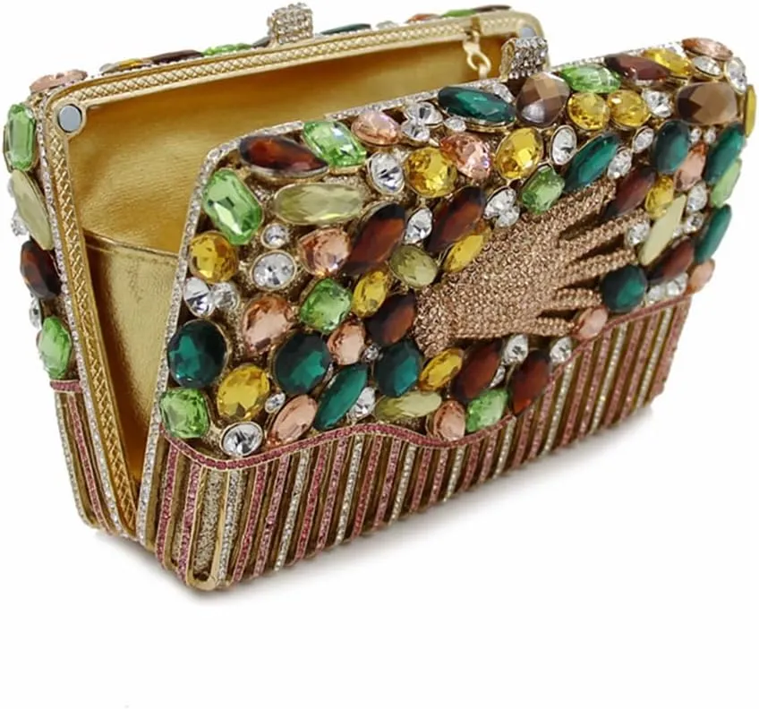 Women Shining Palm Pattern Clutch Bag Rhinestone Evening Handbag Full Diamonds Shoulder Purse for Wedding Cocktail