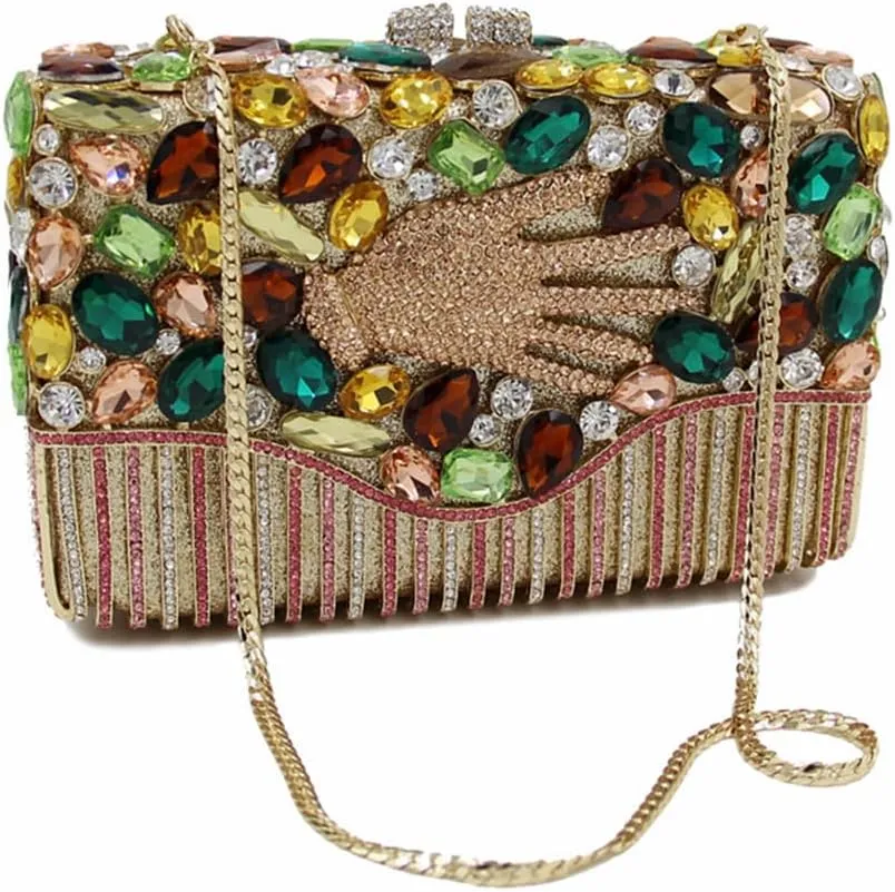 Women Shining Palm Pattern Clutch Bag Rhinestone Evening Handbag Full Diamonds Shoulder Purse for Wedding Cocktail