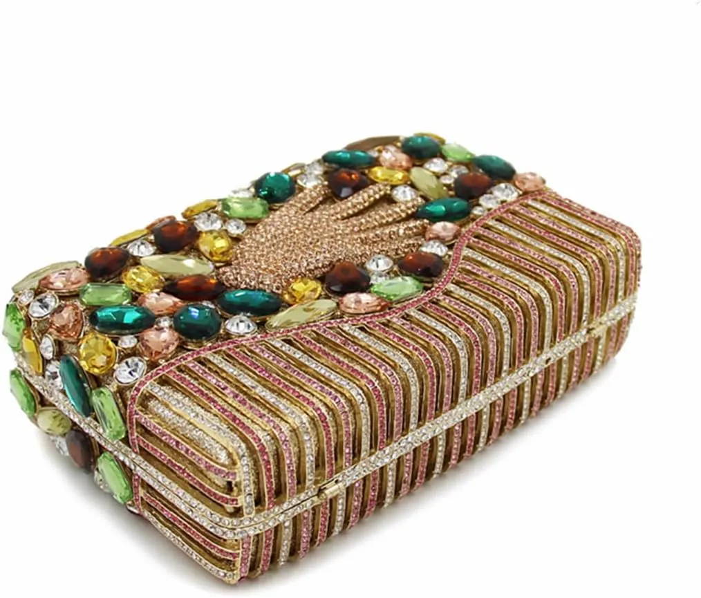 Women Shining Palm Pattern Clutch Bag Rhinestone Evening Handbag Full Diamonds Shoulder Purse for Wedding Cocktail