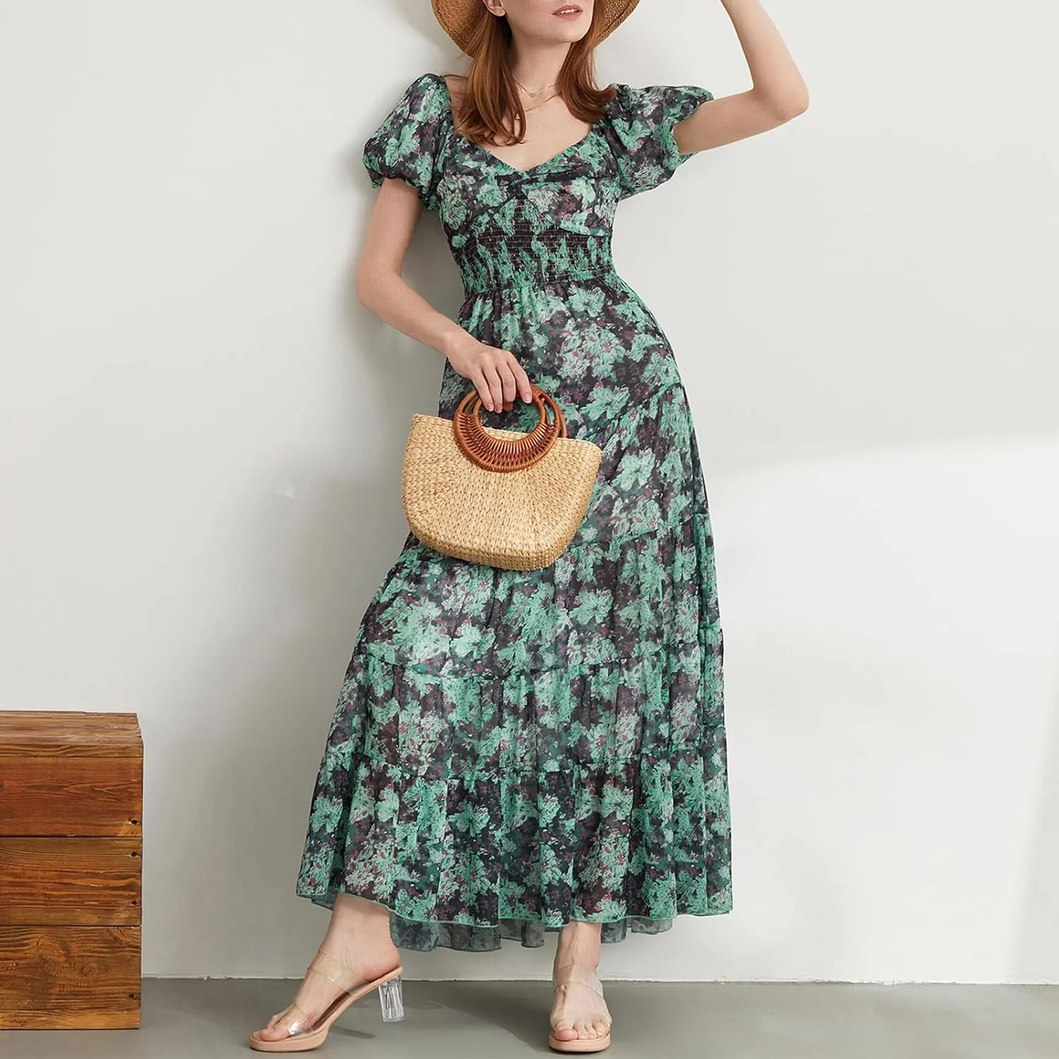 Women Short Puff Sleeve Flowy Maxi Dress Sweetheart Neck Floral Boho Dress Beach Vacation Sundresses