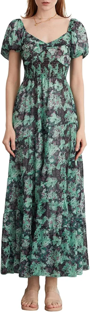 Women Short Puff Sleeve Flowy Maxi Dress Sweetheart Neck Floral Boho Dress Beach Vacation Sundresses