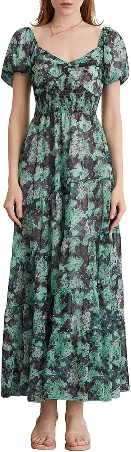 Women Short Puff Sleeve Flowy Maxi Dress Sweetheart Neck Floral Boho Dress Beach Vacation Sundresses