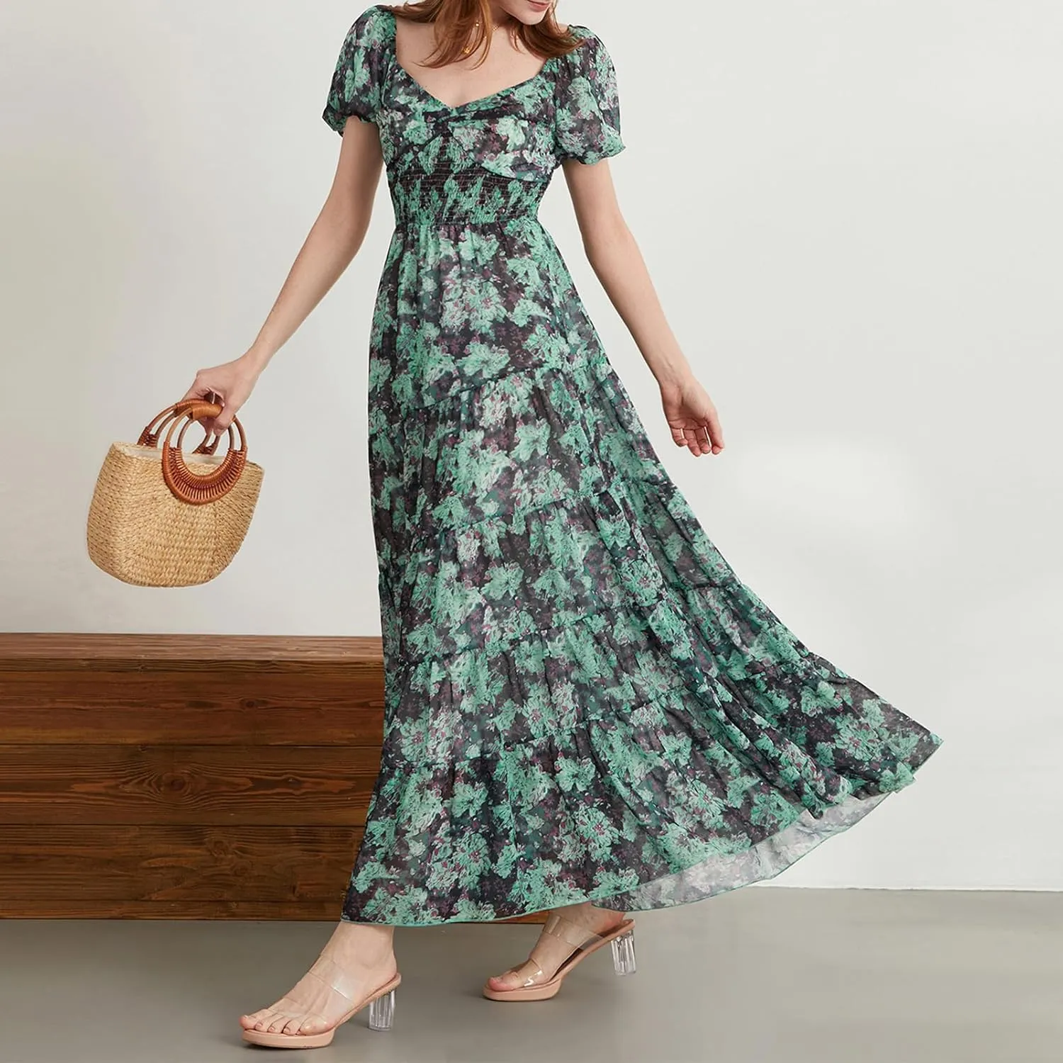 Women Short Puff Sleeve Flowy Maxi Dress Sweetheart Neck Floral Boho Dress Beach Vacation Sundresses