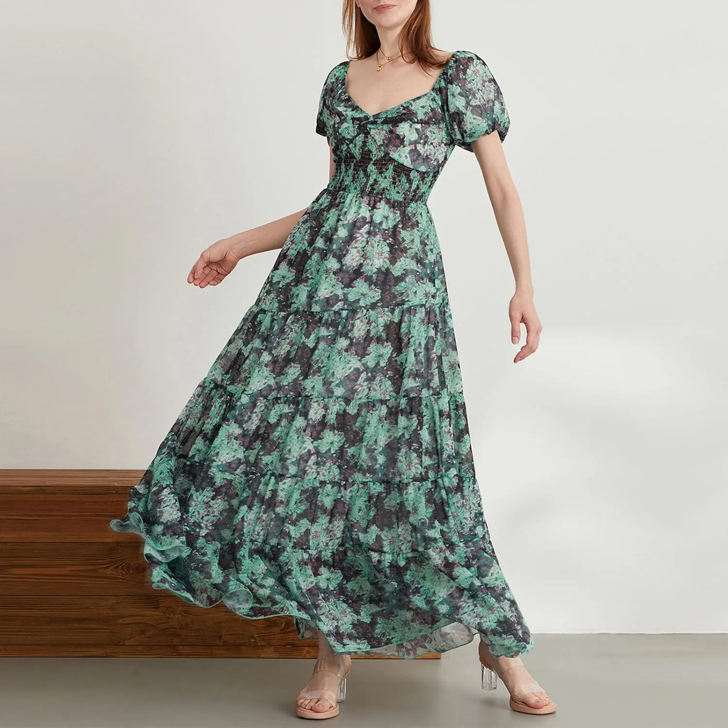 Women Short Puff Sleeve Flowy Maxi Dress Sweetheart Neck Floral Boho Dress Beach Vacation Sundresses