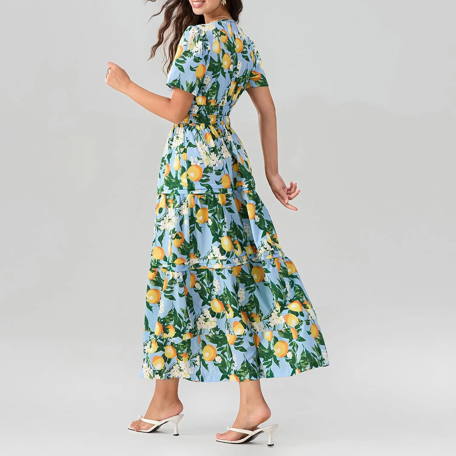 Women Short Sleeve Maxi Dress Boho Smocked Waist Sundress V-Neck Floral Tiered Ruffle Long Beach Dresses with Pockets