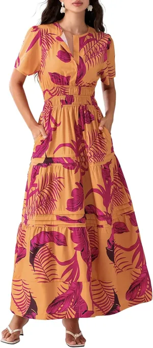 Women Short Sleeve Maxi Dress Boho Smocked Waist Sundress V-Neck Floral Tiered Ruffle Long Beach Dresses with Pockets