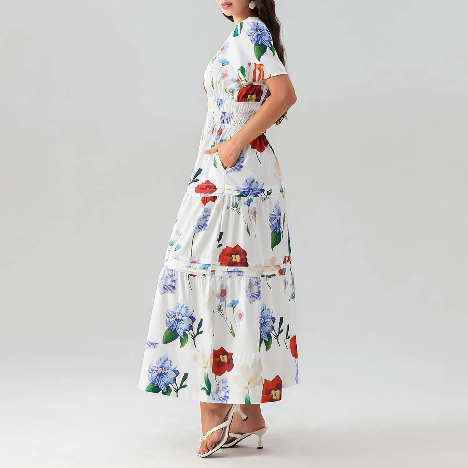 Women Short Sleeve Maxi Dress Boho Smocked Waist Sundress V-Neck Floral Tiered Ruffle Long Beach Dresses with Pockets
