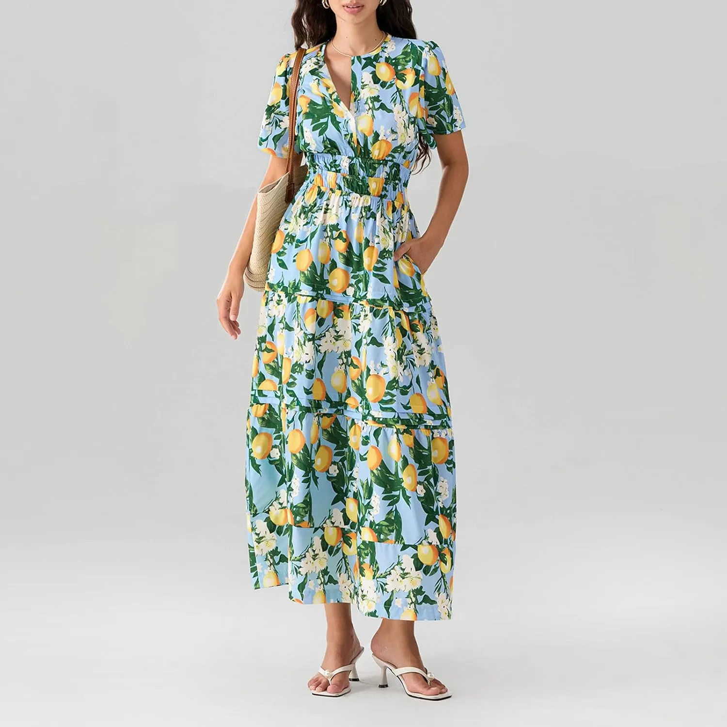 Women Short Sleeve Maxi Dress Boho Smocked Waist Sundress V-Neck Floral Tiered Ruffle Long Beach Dresses with Pockets