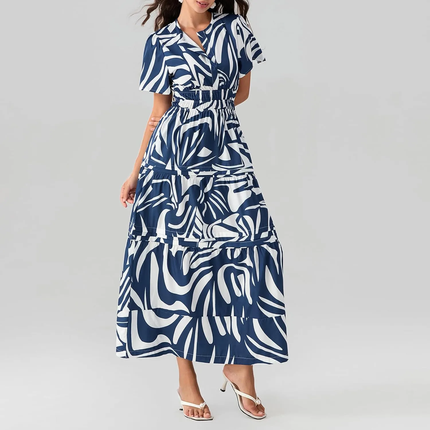 Women Short Sleeve Maxi Dress Boho Smocked Waist Sundress V-Neck Floral Tiered Ruffle Long Beach Dresses with Pockets