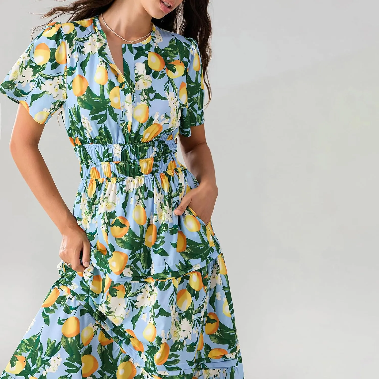 Women Short Sleeve Maxi Dress Boho Smocked Waist Sundress V-Neck Floral Tiered Ruffle Long Beach Dresses with Pockets
