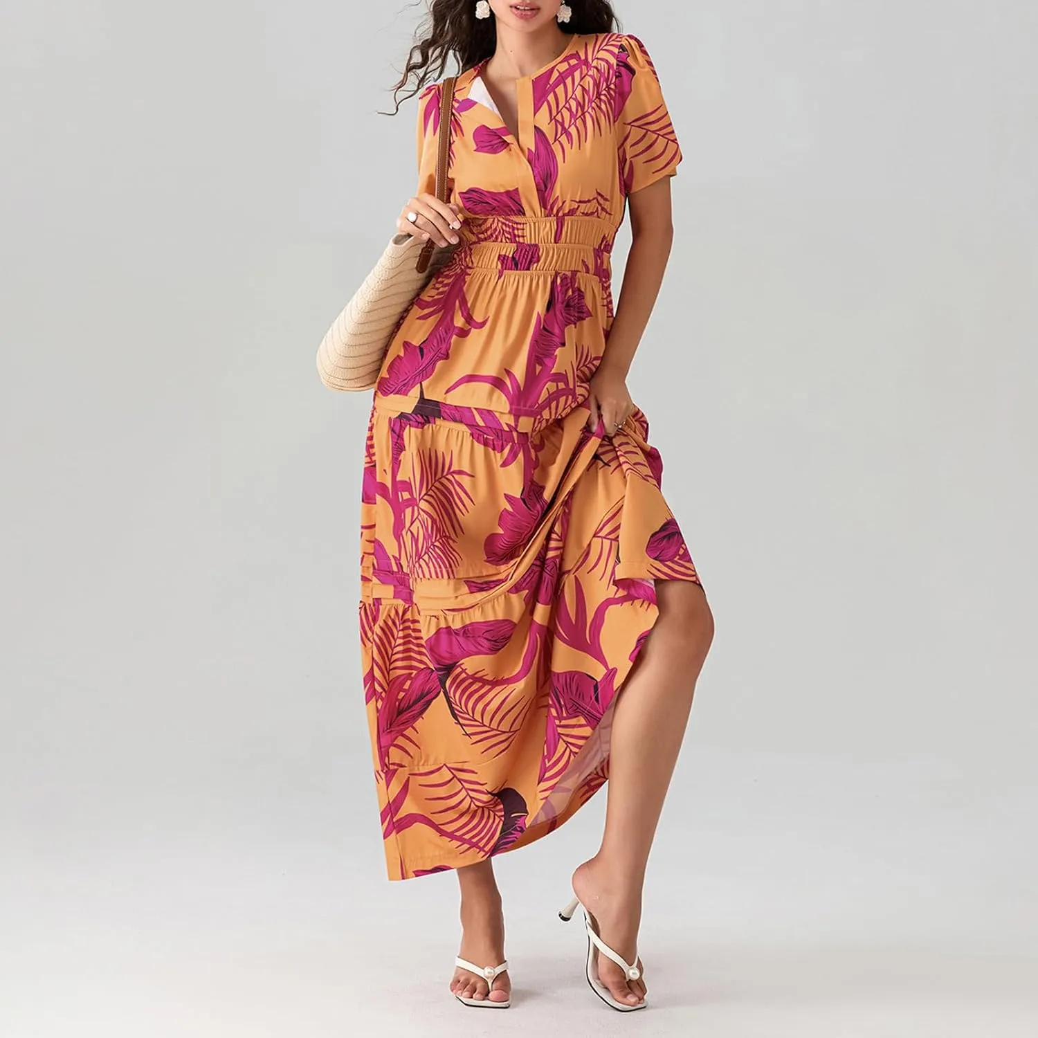Women Short Sleeve Maxi Dress Boho Smocked Waist Sundress V-Neck Floral Tiered Ruffle Long Beach Dresses with Pockets