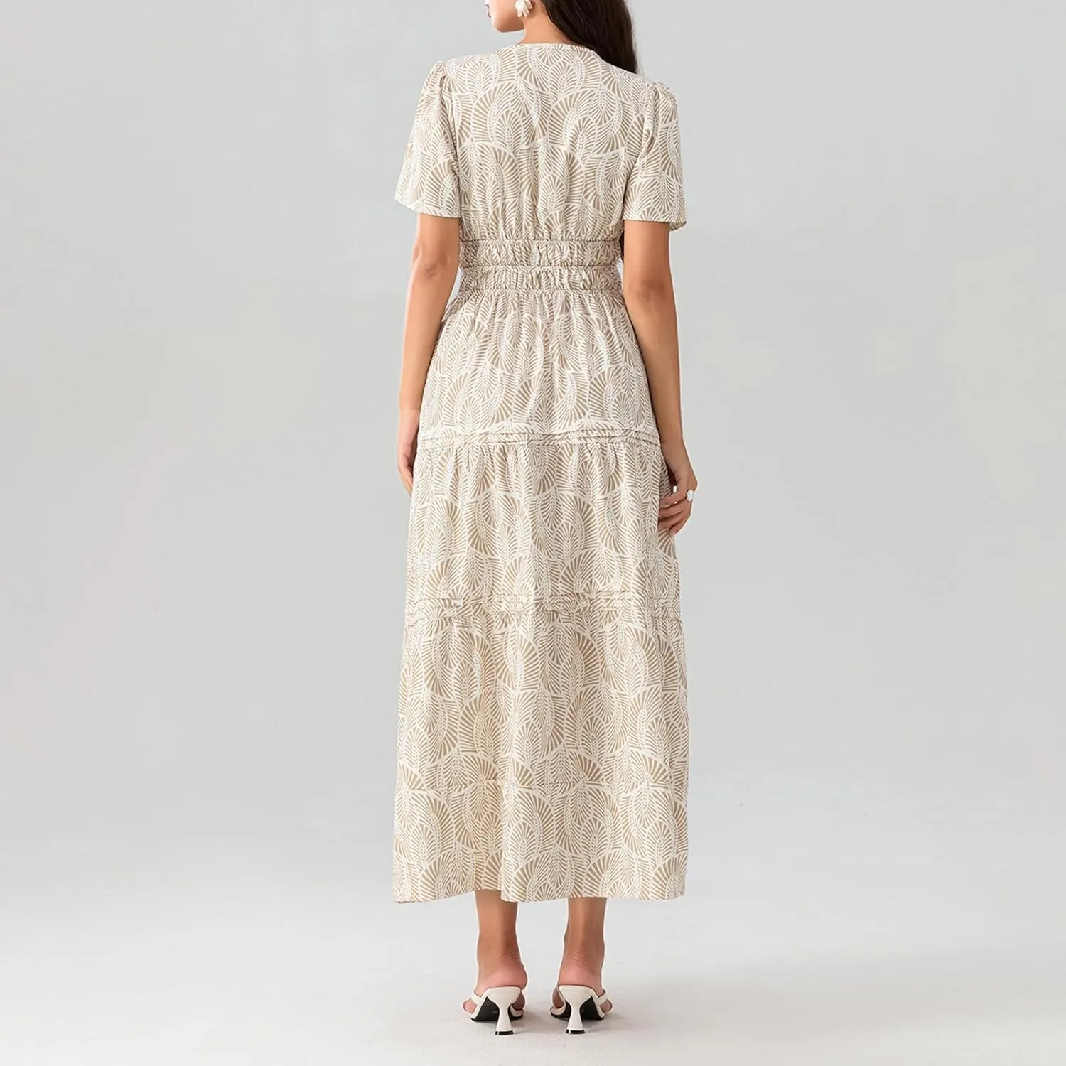 Women Short Sleeve Maxi Dress Boho Smocked Waist Sundress V-Neck Floral Tiered Ruffle Long Beach Dresses with Pockets