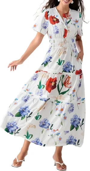 Women Short Sleeve Maxi Dress Boho Smocked Waist Sundress V-Neck Floral Tiered Ruffle Long Beach Dresses with Pockets