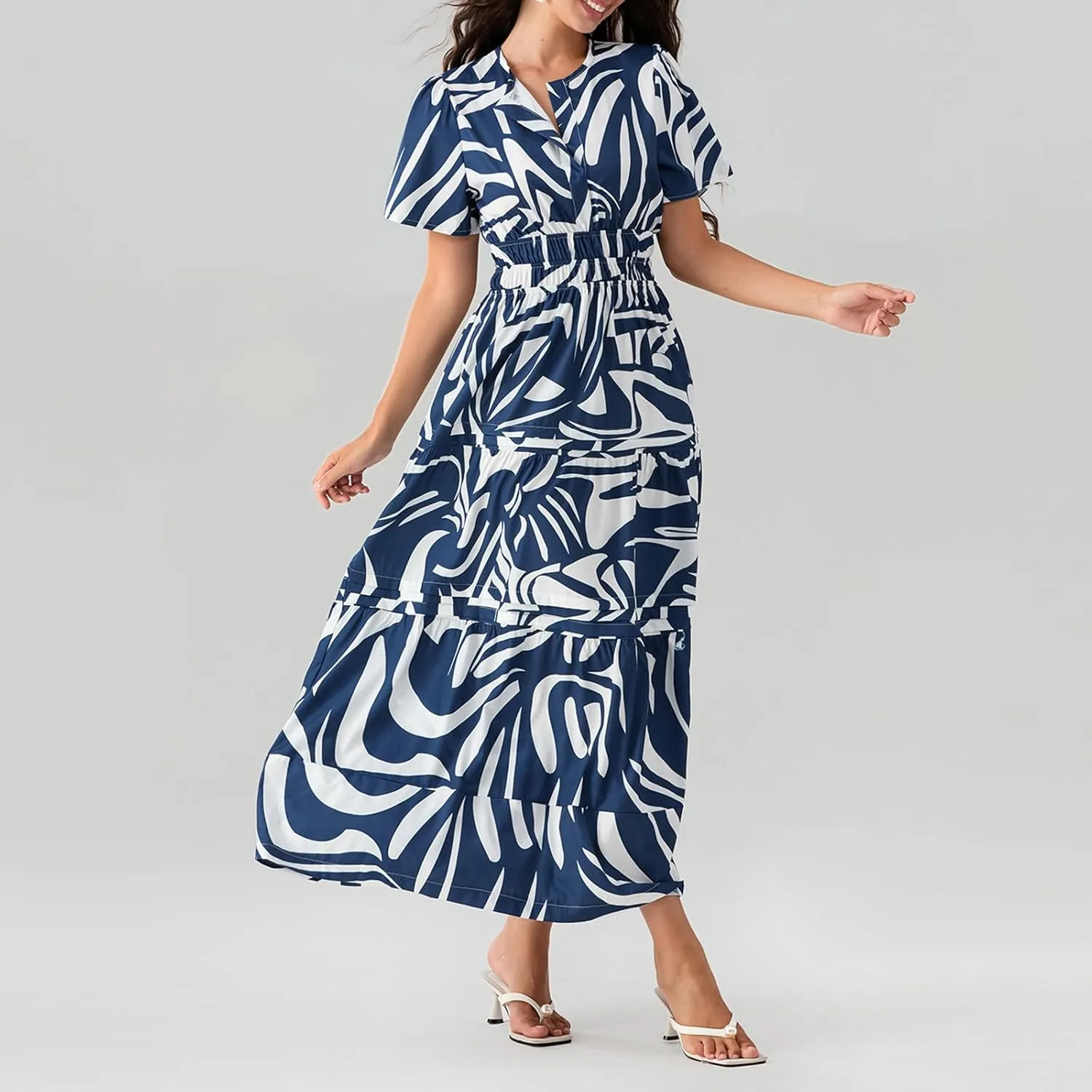 Women Short Sleeve Maxi Dress Boho Smocked Waist Sundress V-Neck Floral Tiered Ruffle Long Beach Dresses with Pockets